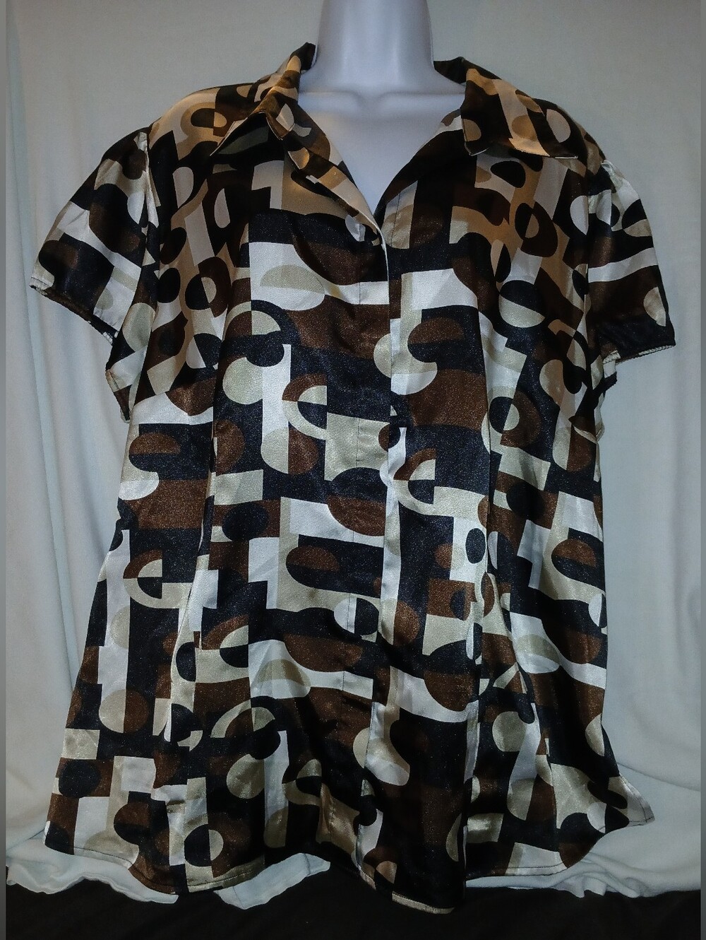 Pre-love Cato Geometric Print Short Sleeve Button-Down Blouse, Brown/Black/Cream